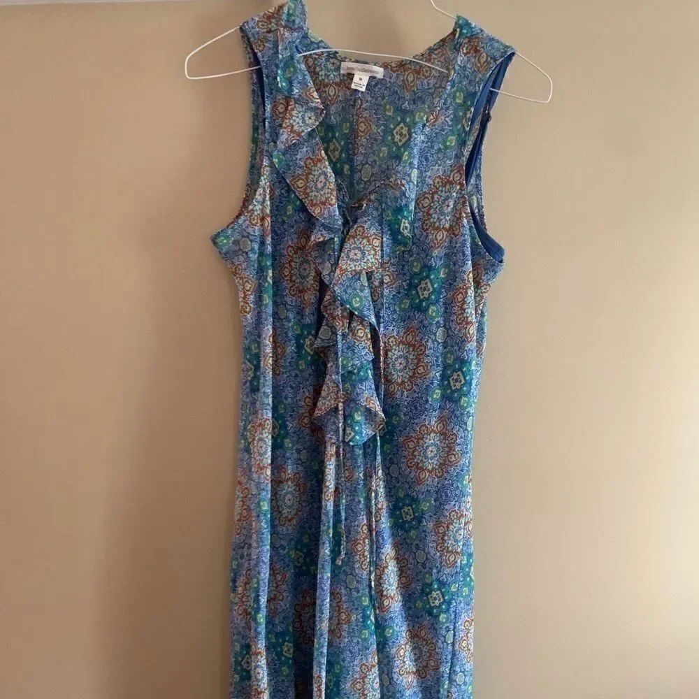 John Paul Richard blue and brown paisley beautiful dress ruffle front sleeveless